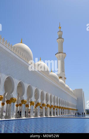 La bellissima, bianco pristine Moschea Sheikh Zayed con colonne, minareti e cupole dall'esterno con il luminoso cielo blu in background. Foto Stock