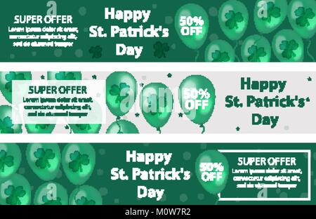 Felice il giorno di San Patrizio nel set di banner orizzontale con palloncini, trifoglio, Shamrock. Modello per la progettazione, flyer offerte speciali, sconti, vendita. Illustrazione Vettoriale. Illustrazione Vettoriale