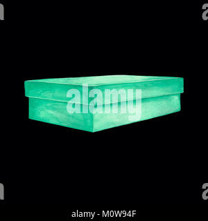 Acquerelli di immagine di una luce blu scatola di cartone. Illustrazione isolata di un pacchetto rettangolare. Disegno a mano su uno sfondo nero. Dipinte a mano e g Foto Stock