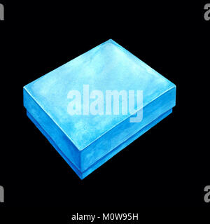 Acquerelli di immagine di una luce blu scatola di cartone. Illustrazione isolata di un pacchetto rettangolare. Disegno a mano su uno sfondo nero. Dipinte a mano e g Foto Stock