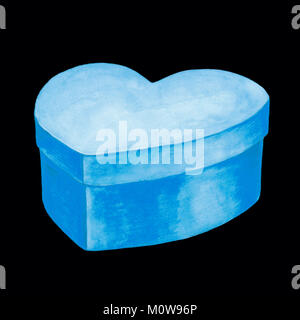 Acquerello illustrazione di un blu scatola di cartone a forma di cuore simbolo. Immagine isolata di un pacchetto di carta su uno sfondo nero. Mano colorati Foto Stock