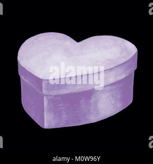 Acquerello illustrazione di un viola scatola di cartone a forma di cuore simbolo. Immagine isolata di un pacchetto di carta su uno sfondo nero. Ha colorato Foto Stock