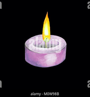 Acquerello illustrazione di una candela accesa in rosa. Immagine di isolato di una candela che brucia. Disegno a mano. Fiamma di fuoco. Foto Stock