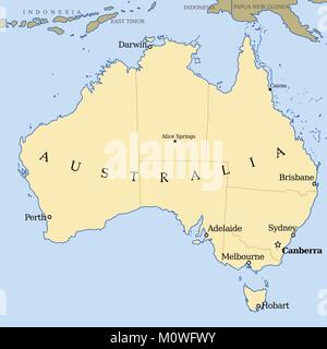 Australia mappa - illustrazione vettoriale mappa politico con le città. Illustrazione Vettoriale
