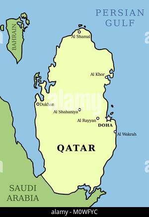 Mappa di Qatar. Profilo illustrazione mappa del paese con le principali città. Illustrazione Vettoriale