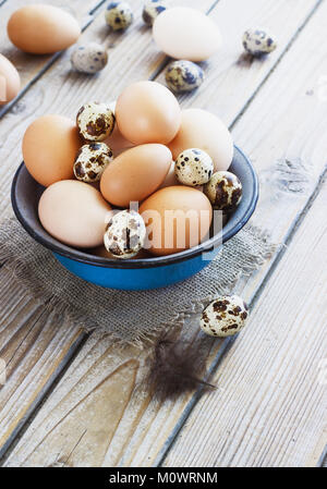 Uova di pollo e quaglie farm in una ciotola di metallo Foto Stock