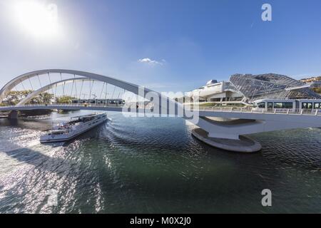 Francia,Rhone,Lyon,il ponte Raymond Barre sopra il Rodano che collega il quartiere di confluenza distretto sud di Presqu'ile,primo francese quartiere sostenibile certificata dal WWF e il distretto di Gerland,il Musee des Confluences è un science center e il Museo di antropologia,situata alla confluenza tra il Rodano e la saona,creata dalla ditta austriaca Coop Himmelb(l)au Foto Stock