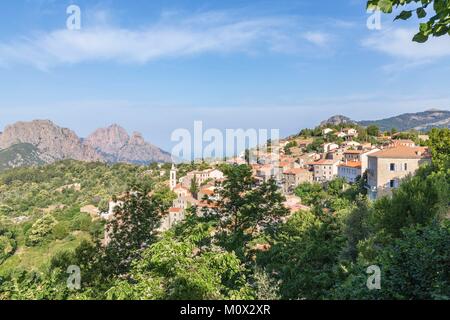 Francia,Corse du Sud,Evisa,il villaggio circondato da castagneti con sullo sfondo da sinistra a destra Capu à u Monte (1108 m) e Capu d' Ortu (1293 m) Foto Stock