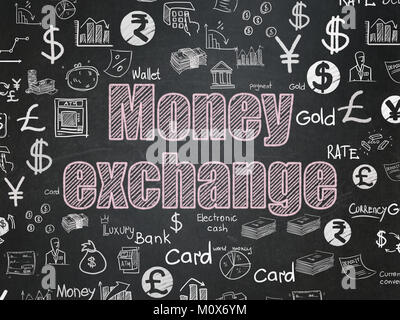 Concetto di denaro: Chalk testo rosa lo scambio di denaro sul bordo della scuola con sfondo disegnato a mano le icone delle finanze, School Board Foto Stock