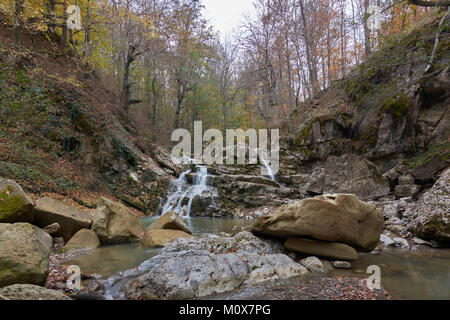 Cascata nella foresta di primavera su un fiume di montagna, Fiume Ayuk, Caucaso del Nord, Russia Foto Stock