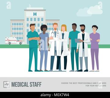 Il personale medico in piedi insieme: medici, infermieri e chirurghi, ospedale e ambulanza sullo sfondo Illustrazione Vettoriale