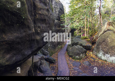 Itinerario turistico su Szczeliniec Wielki, la vetta più alta delle montagne Stolowe (tabella montagne) gamma, parte dell'Sudetes, Bassa Slesia, Polonia Foto Stock