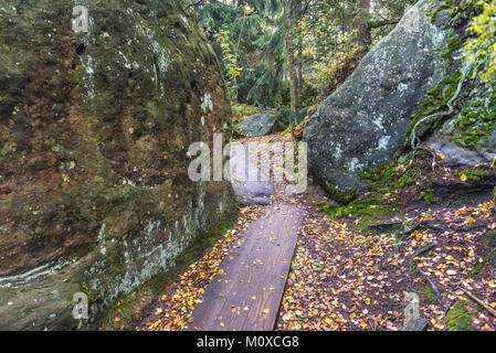 Via turistica su Szczeliniec Wielki, la vetta più alta delle montagne Stolowe (tabella montagne) gamma, parte di Sudetes, Bassa Slesia regione della Polonia Foto Stock