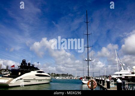 Bellissima vista panoramica del porto di Auckland con vedute di yacht e barche in una limpida giornata d'estate Foto Stock