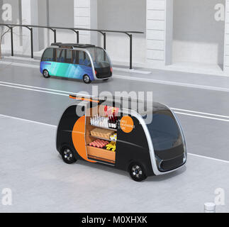 Bus elettrici e distributori auto sulla strada. La vendita di auto negozio di generi alimentari senza conducente. Convenienza mobile store concept. Il rendering 3D'immagine. Foto Stock