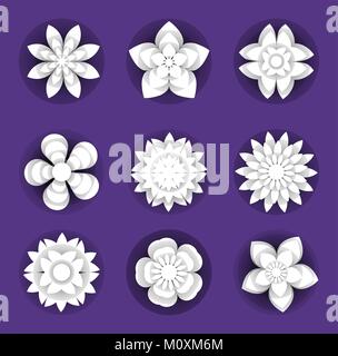 Fiori di carta ritagliata set di sfondo. Collezione floreale 3d stile, papercut. Elementi per il tuo design. Il carving o stile origami. Illustrazione Vettoriale. Illustrazione Vettoriale