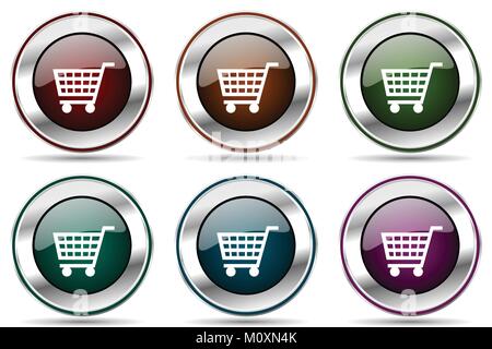 Carrello vector icon set. Argento metallizzato bordo cromato icone per il web design e le applicazioni dello smartphone Illustrazione Vettoriale