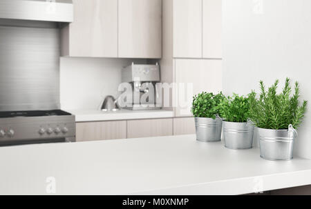 Cucina moderna con piante aromatiche, 3D Rendering immagine Foto Stock