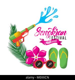 Songkran festival thailandia scheda con pistola ad acqua occhiali da sole fiore flip flop Illustrazione Vettoriale