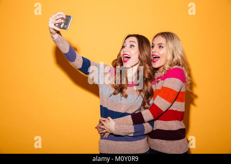 Ritratto di due ragazze eccitato vestito di maglioni e permanente tenendo un selfie isolate su sfondo bianco Foto Stock