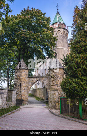 Ingresso Lesna Skala Castello (foresta castello di roccia), attualmente il benessere sociale Home in città Szczytna, Bassa Slesia voivodato di Polonia Foto Stock