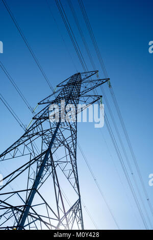 Electricty pilone (trasmissione/power tower) distribuire il potere nella National Grid da Dungeness centrale nucleare, Kent, England, Regno Unito Foto Stock