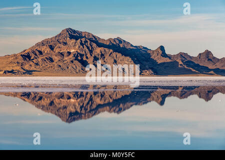 Isola di argento riflettente di gamma in acqua salata sui laghi salati di Bonneville, che è BLM land ad ovest del Grande Salt Lake, Utah, Stati Uniti d'America Foto Stock