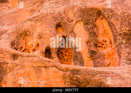 Erosi in modo univoco il formaggio svizzero nicchie nella roccia rossa linea formazioni canyon lungo sul Burr Trail in Grand Staircase-Eascalante monumento nazionale, Utah Foto Stock