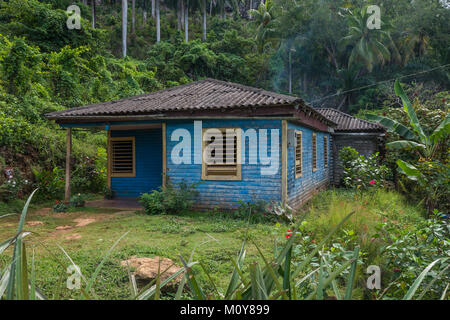 Un piccolo legno casa blu in montagna in Baracoa, Cuba Foto Stock