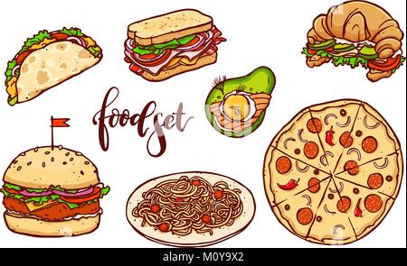 Paesi diversi fast food set. Il vettore isolato disegnati a mano pasto illustrazione. Illustrazione Vettoriale
