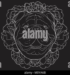 Bulldog di vettore e di fiori di contorno bianco schizzo su sfondo nero. Dog Face disegno nella parte anteriore delle peonie. Illustrazione Vettoriale