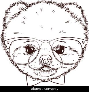 In bianco e nero di Pomerania isolato del cane con la testa filtro bow tie e bicchieri. Vettore disegnati a mano faccia da cucciolo. Illustrazione Vettoriale