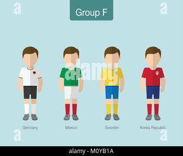 2018 Soccer o football team uniforme. Gruppo F con la Germania, Messico, Svezia, Corea Repubblica. Design piatto. Illustrazione Vettoriale. Illustrazione Vettoriale