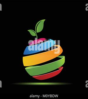 Simbolo didattico colorato Apple icona dell'applicazione logo vettore immagine di scorta ai foglia verde disegnata su modello di sfondo nero Illustrazione Vettoriale