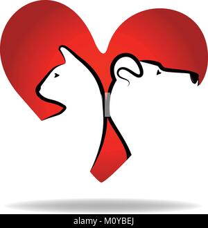 Gatto e cane all'interno di un design vettoriale con logo Love icon a cuore rosso Illustrazione Vettoriale