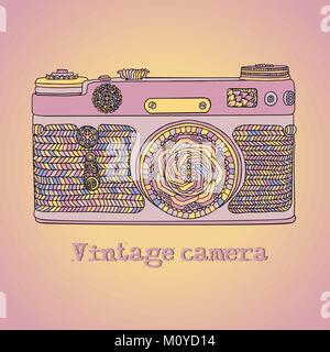 Vintage retrò fotocamera foto con foglie pattern. Mandala stile design. Stile Boho illustrazione vettoriale. Illustrazione Vettoriale