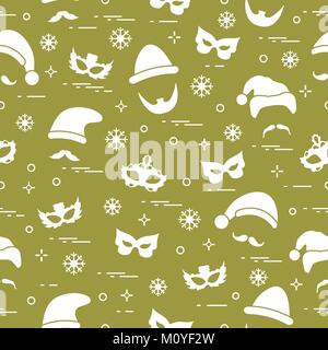 Modello senza giunture di diverse decorazioni di carnevale: maschere, cappelli di Natale, baffi e barba. Festa di carnevale concetto. Costume per un partito. Illustrazione Vettoriale