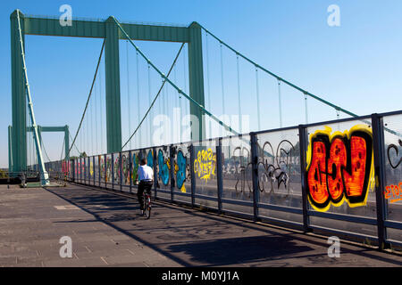 Germania, Colonia, graffiti spruzzato suono parete di protezione sul Rodenkirchener ponte che attraversa il fiume Reno, il ponte dell'autostrada A4. Deutschland, Foto Stock