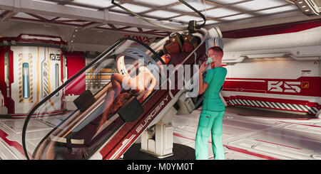 Chirurgo in piedi vicino a donna sul futuristico tabella di funzionamento Foto Stock