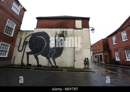 Graffiti raffigurato su edifici di Chichester, West Sussex, Regno Unito. Foto Stock