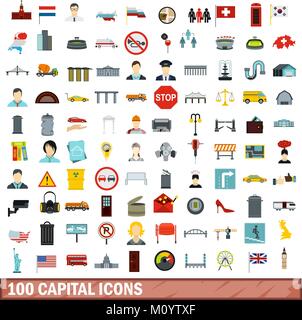 Capitale 100 set di icone di stile di Piana Illustrazione Vettoriale