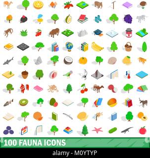 100 fauna set di icone isometrica 3d style Illustrazione Vettoriale