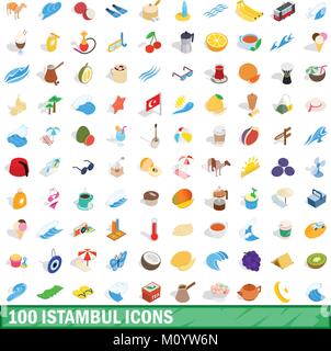 100 istambul set di icone isometrica 3d style Illustrazione Vettoriale