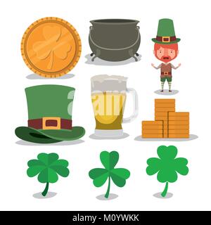 Saint patricks giorno tipici elementi impostati in silhouette colorato Illustrazione Vettoriale