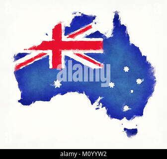 Australia Mappa acquerello con la nazionale australiana di bandiera davanti a uno sfondo bianco Foto Stock