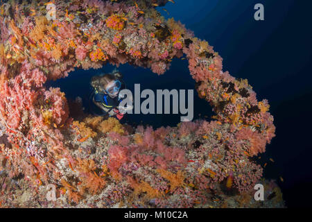 Oceano Indiano, Maldive. Il 30 agosto, 2017. Femmina scuba diver guarda su scool di pesce nella grotta Credito: Andrey Nekrasov/ZUMA filo/ZUMAPRESS.com/Alamy Live News Foto Stock