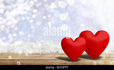 Il giorno di San Valentino del concetto. Rosso cuori allegata sulla sfocatura dello sfondo della neve, banner, copia dello spazio. 3d illustrazione Foto Stock