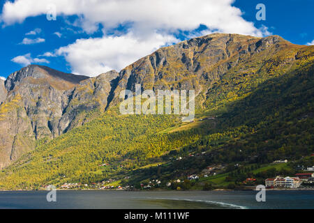 Fiordi Norvegesi: montagne, cielo blu e alberi Foto Stock