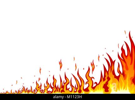 Schizzi di fiamma.fiamme fuoco ardente. Abstract il fuoco su uno sfondo bianco. Confine astratto del fuoco. Illustrazione Vettoriale