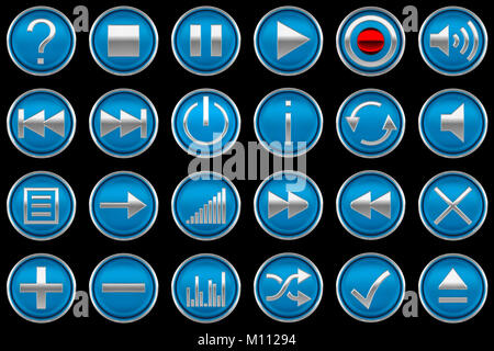 Blu premuto i pulsanti del pannello di controllo isolato su nero Foto Stock